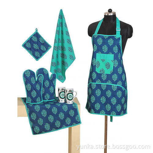 Set of Apron include Bib Apron  Oven Mitt Pot Holder Kitchen Towel Beautiful Flower Design